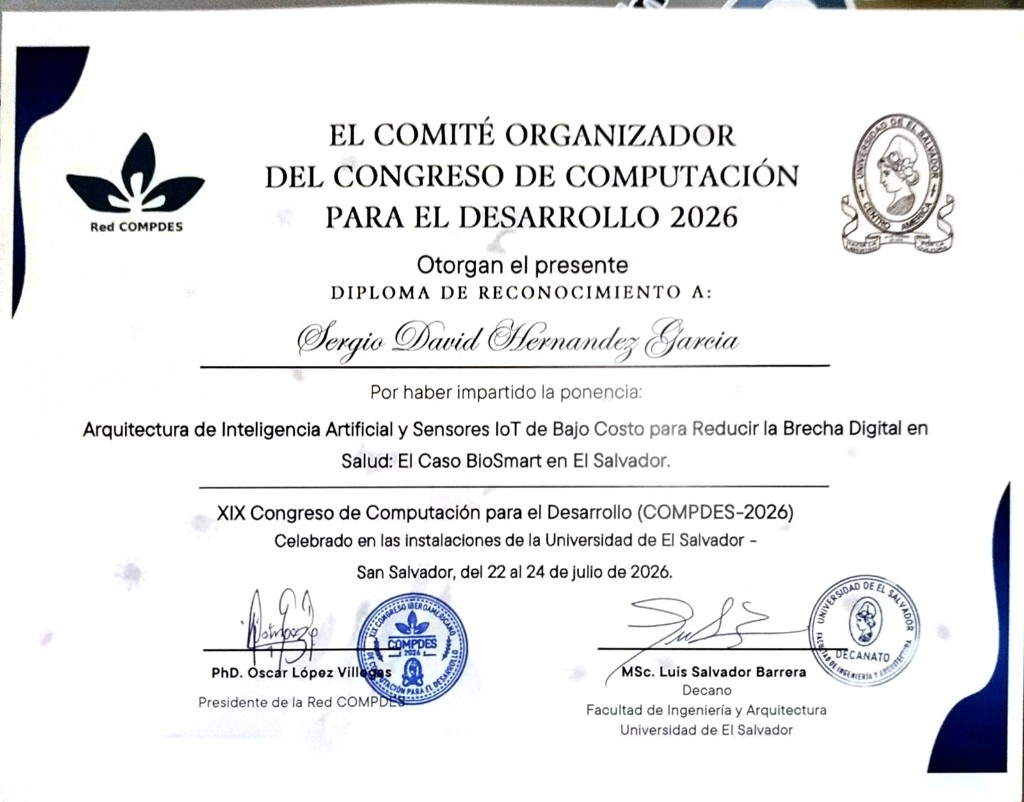 Diploma de reconocimiento por la ponencia de BioSmart en COMPDES 2026