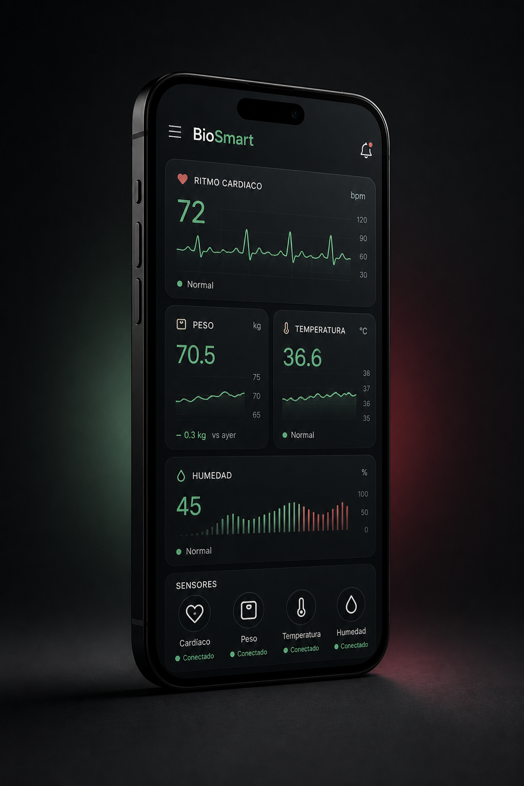Mockup conceptual de la aplicación móvil BioSmart mostrando métricas de salud y sensores