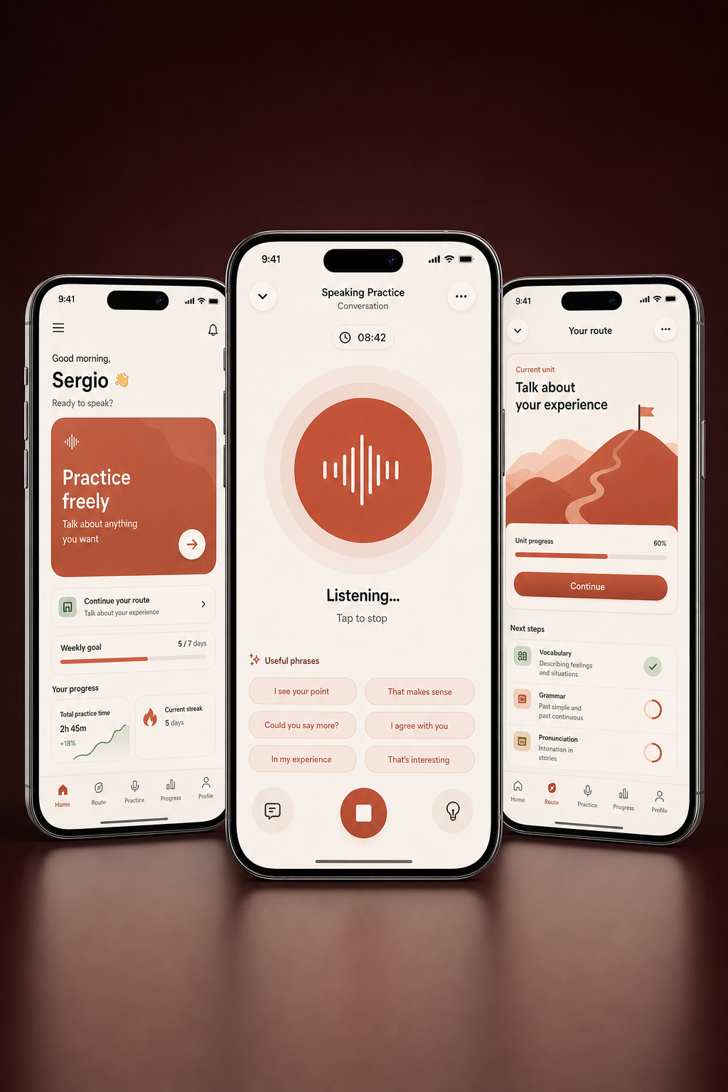Mockup de DavliLearn con inicio, práctica oral mediante agente conversacional y ruta de aprendizaje